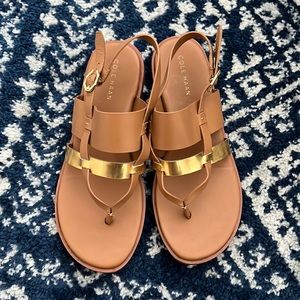 Cole haan strappy gold and tan sandals, size 5